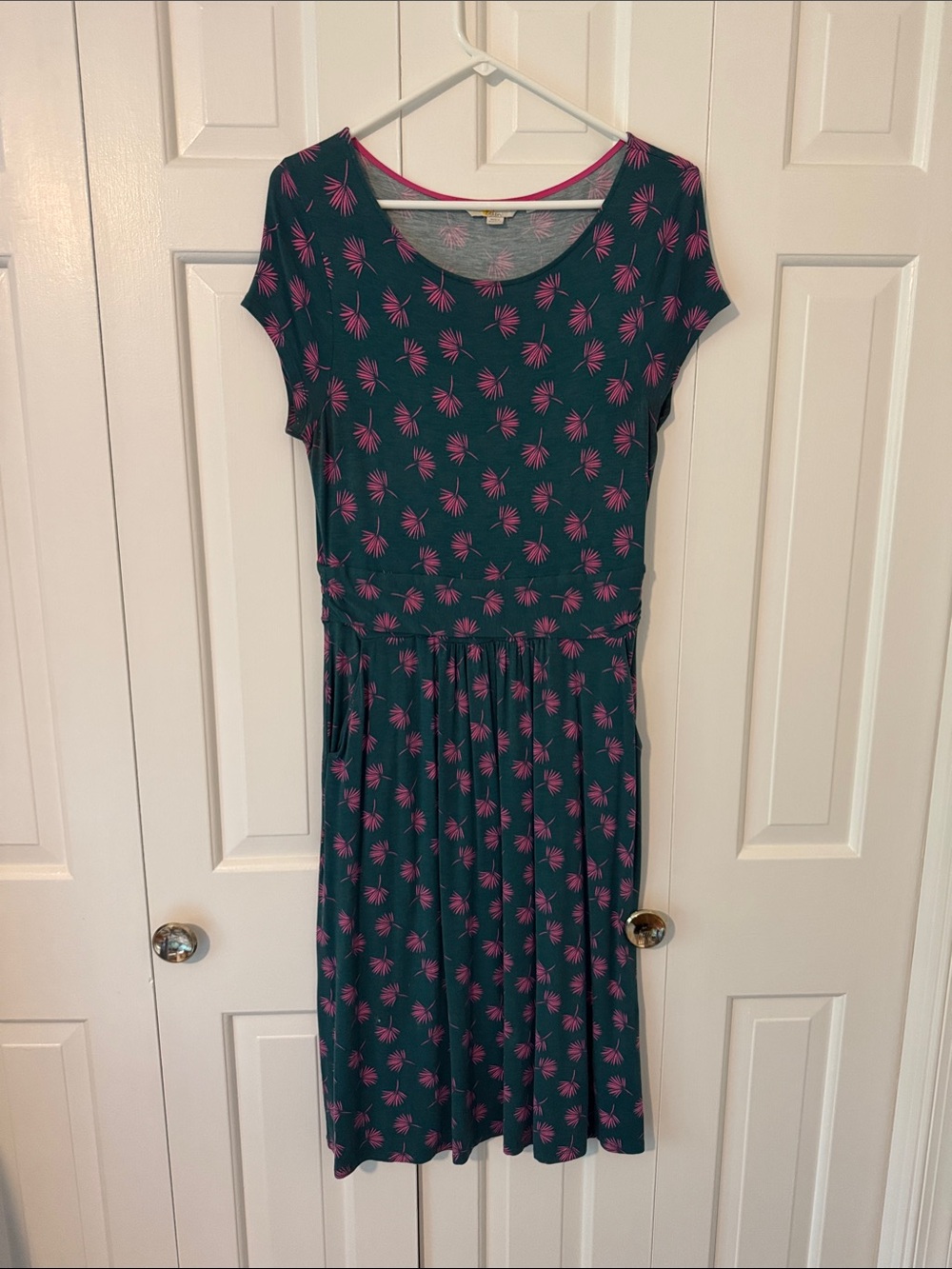 Boden Teal Midi Dress with Pink Palm Print + pockets!